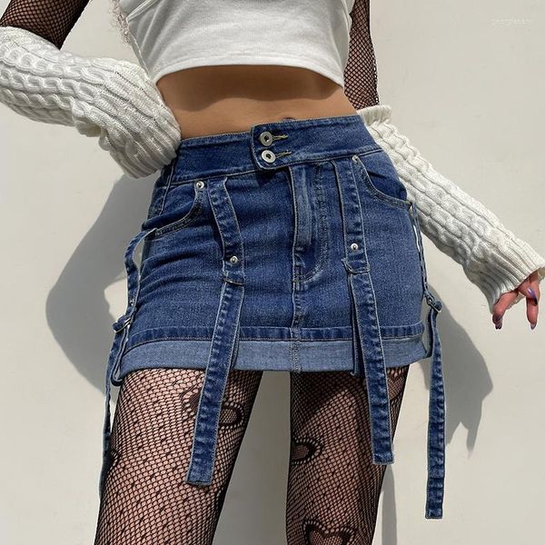 Юбки Синкцин Y2K Летние женщины с низкой талией мини -джинсовая юбка уличная одежда 2000 -х
