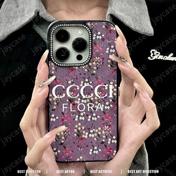 Designer Phone Case Moda Flora Casos Luxo Diamantes Camera Frame Phonecase Senhoras Flores À Prova de Choque Capa De Couro Shell Para IPhone 15 Pro Max 14 13 12