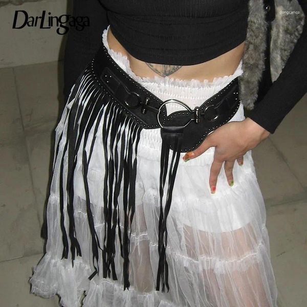 Ремни Darlingaga Уличная одежда Гранж Черный Ремень из искусственной кожи для женщин Дизайн Заклепки Готический панк Пояс с кисточками Металлические модные пояса Y2K