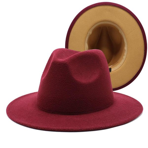 Cappelli a tesa larga Patchwork Feltro di lana Jazz Cappello Fedora Vino rosso/cachi Donna Unisex Panama Party Cappellino da cowboy Uomo Gentleman Wedding 60CM