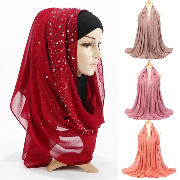 Lenços de 175 cm mulheres chiffon long muçulmana bordado pérola hijab arab wrap shawl headwear