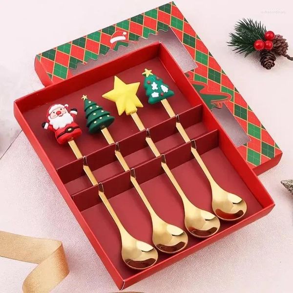 Conjuntos de louça de Natal Presente de Natal Colher de Aço Inoxidável Conjunto de Garfo Elk Boneco de Papai Noel Decoração Boneca de Desenhos Animados Sobremesa Colher Fruta Café