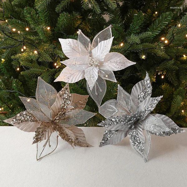 Decorações de natal flores diy simulação árvore toppers ornamentos ouro glitter lantejoulas decoração de malha artesanal