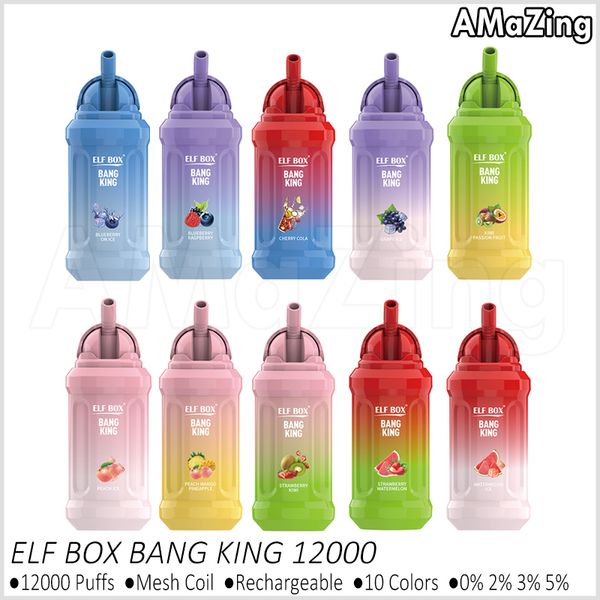 Bang King 12000 Puff Одноразовый вейп 12K Puffs Аутентичная коробка Elf Box Vapers с сетчатой катушкой Аккумуляторная батарея 600 мАч Электронные сигареты 0% 2% 3% 5% Испарители с 10 вкусами