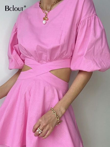 Freizeitkleider Bclout Rosa aushöhlen Leinen Damen Kleid Puffärmel Schnürung Rüschen Elegante Minikleider O-Ausschnitt Dünne A-Linie Sommerkleider 230404