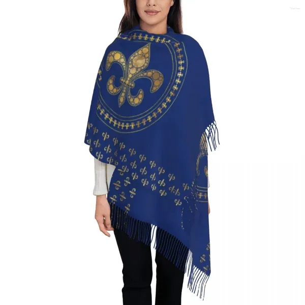 Sciarpe Stampa personalizzata Fleur-De-Lys Sciarpa oro e blu royal Uomo Donna Inverno Autunno Caldo Fleur De Lis Fiore di giglio Scialle avvolgente