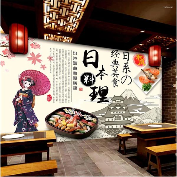 Tapeten Handgemalte Cartoon Japanische Schönheit Sushi Catering Thema Hintergrundbild Restaurant Industrielles Dekor Wandbild 3D-Tapeten