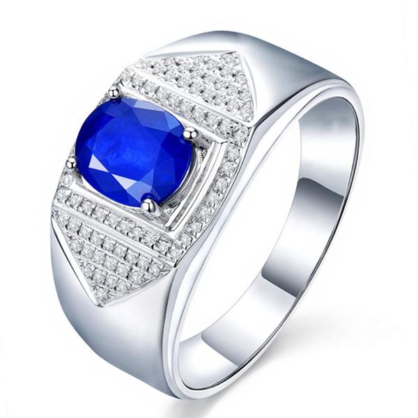 Rings de cluster Trendy Blue Crystal Topaz Sapphire Gemtones Diamones For Men 18K White Gold Silver Color Jewelry Bands Acessórios