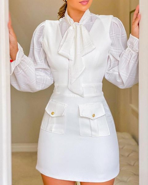Повседневные платья RMSFE 2023 Весна и Осенние Женские Женщины Мода Белая рукавочная плита v -образная юбка