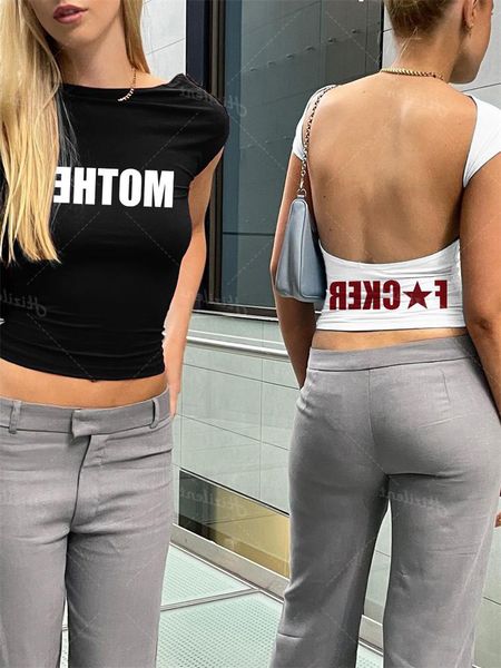 T-Shirt da donna Backless Manica corta Bianco Y2K vestiti Crop Top Donna estetica T-shirt estive Lettera sexy Goth Fata grunge Cut Out emo 230404