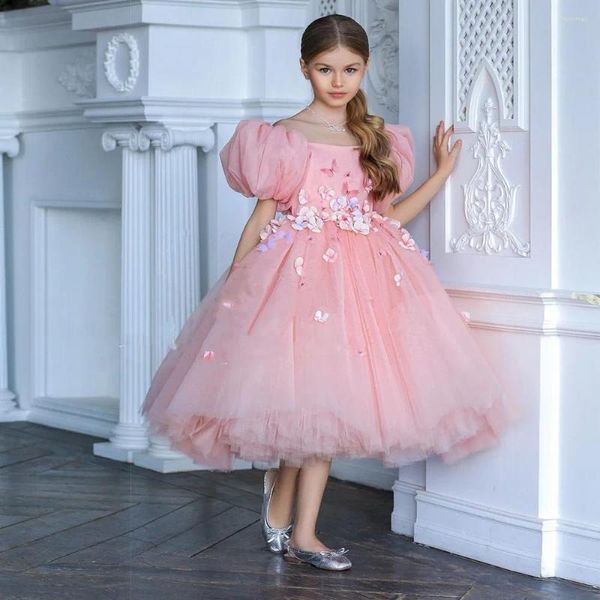 Mädchen Kleider Rosa Blume Tüll 3D-Applikation Kurze Puffärmel Prinzessin Geburtstagsfeier Ballkleid Weihnachten Schönheitswettbewerb Kleid