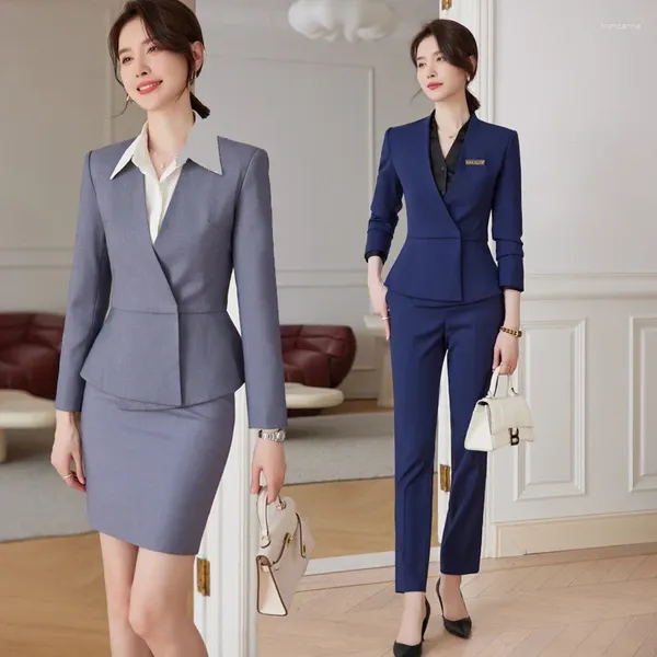 Calças femininas de duas peças cinza terno luz luxo de alta qualidade temperamento roupas de negócios vestido jóias loja recepção roupas de trabalho