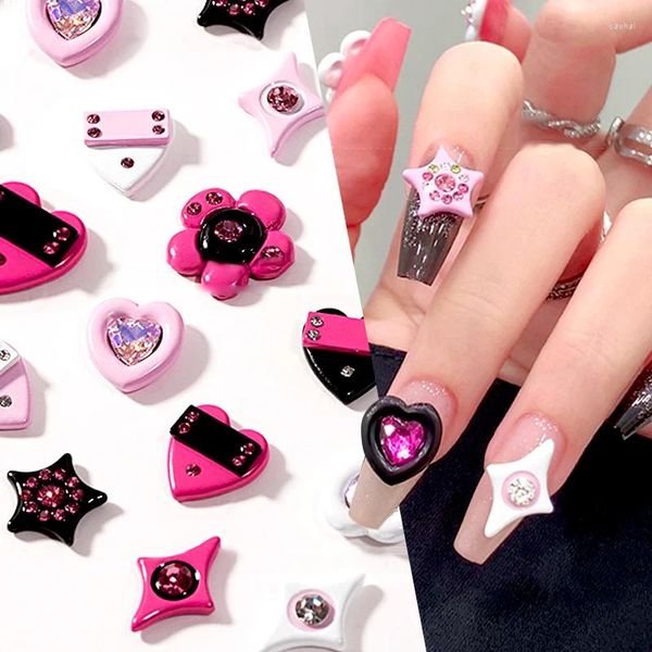 Decorações de arte de unhas 5 peças encantos rosa estrela vermelha amor flor 3d strass uv gel polonês decoração glitter acessórios de manicure diy