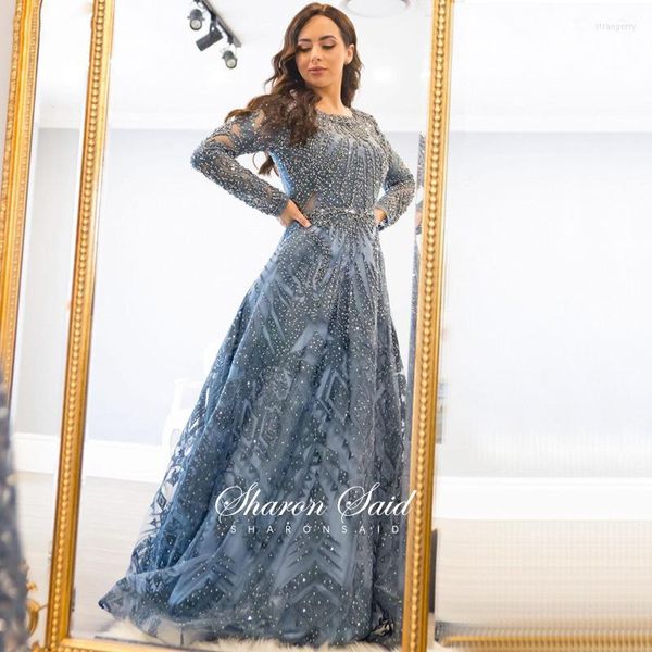 Robes de soirée bleu à manches longues robe de soirée musulmane de luxe dubaï femmes arabe formelle 2023 grande taille robes de caftan marocain