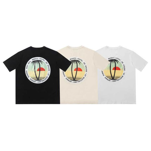 Marca de moda Sunset Coconut Tree Letter Imprimir camiseta de manga curta para homens e mulheres High Street Loose Halva Manga