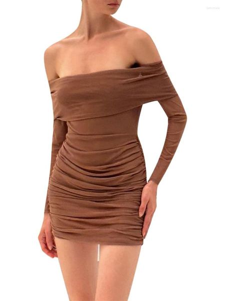 Freizeitkleider Damen Schulterfrei Figurbetontes Kleid Einfarbig U-Boot-Ausschnitt Lange Ärmel Rüschen Mesh Party Club Skinny Glamour Mini