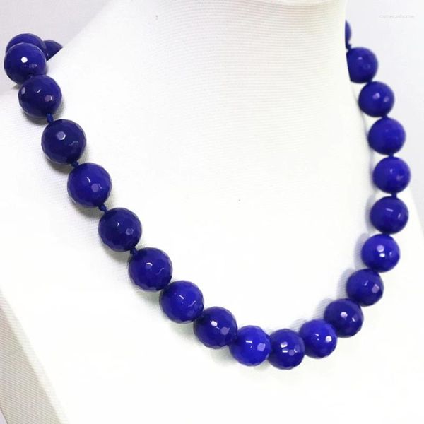 Correntes elegante azul lapis lazuli jades pedra calcedônia facetada contas redondas 14mm mulheres moda corrente colar jóias 18 polegadas