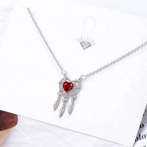 Girocollo Cristallo rosso Amore Dream Catcher Ciondolo Cuore Squisita Moda Argento sterling 925 Catena clavicola Collana femminile Girocolli