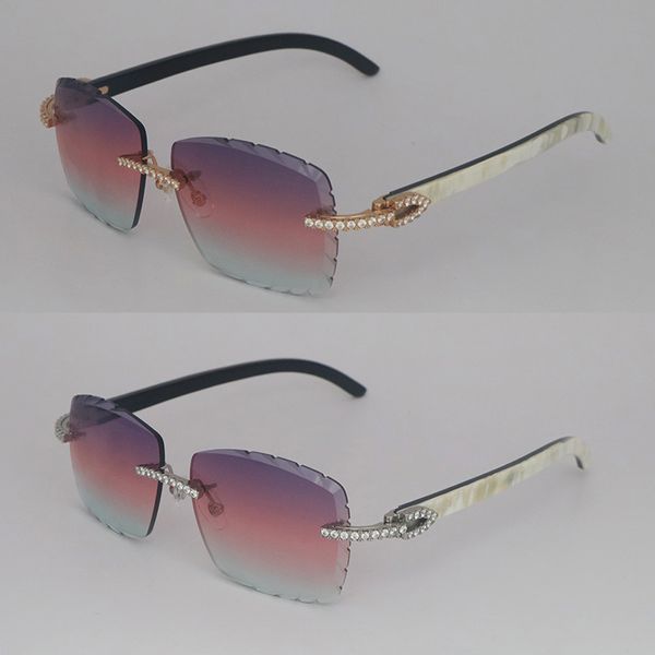 Luxus-Moissanite-Diamant-Set, randlose Sonnenbrille, Damen, große Steine, 2,5 Karat Diamant-Sonnenbrille, Original, weiß, innen, schwarz, Büffelhorn, Männer, Frauen, Diamantschliff-Linse