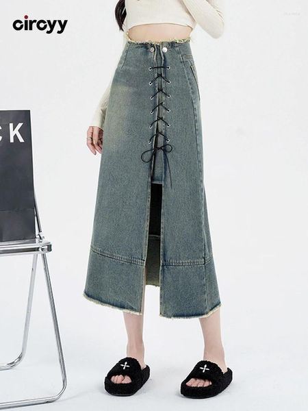 Юбки Необычная джинсовая юбка женская 2023 осень с высокой талией на шнуровке миди с разрезом модная винтажная дизайнерская синяя юбка