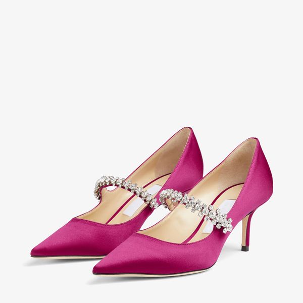 Mode Damen Sommersandalen BING PUMP 65 mm Italien Schöne spitze Zehen Kristall Knöchelriemen Fuchsia Satin Designer Deluxe Abendkleid Sandale High Heels EU 35-43