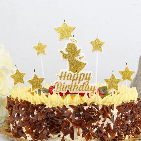 Strumenti per torte Festa di compleanno Candela decorativa Colore dorato Amore Stella a cinque punte Forniture per palo lungo