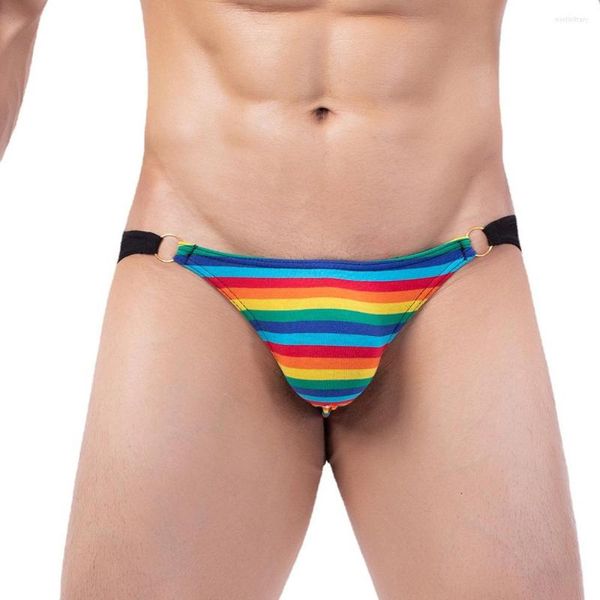 Mutande Uomo Slip a righe arcobaleno Sexy Big Peni Bulge Pouch Mutandine Estate Fessura alta Biancheria intima traspirante Pantaloncini morbidi e comodi