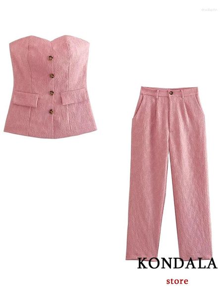 Calças femininas de duas peças Kondala escritório senhora rosa laço tubo ternos mulheres espartilho único botões colheita tops cintura alta perna larga bolsos calça