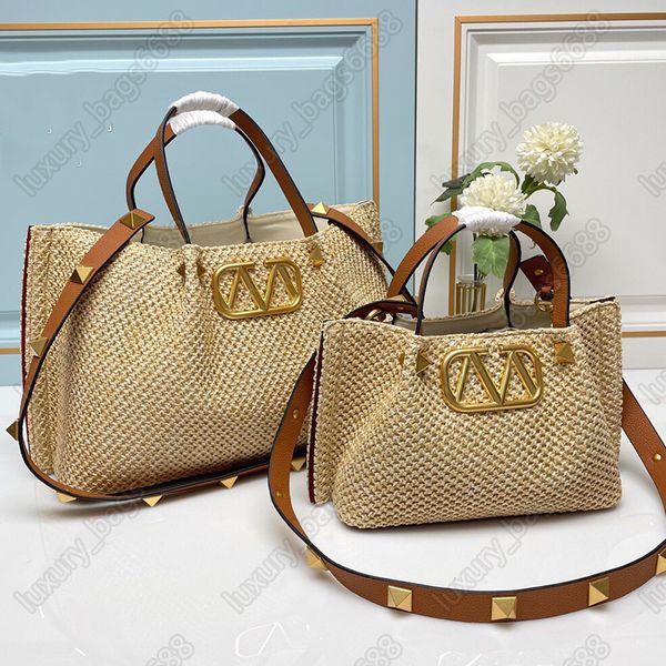 New Women's Handbag Classic Rivet Leather Natural Lafite Grass Woven Leather Roman Nail Single Shoulder Bag Studded bag High Quality Leather Designer Bag Handbag