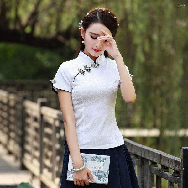 Roupas étnicas plus size 3xl 4xl Tang Tang Top Tops estilo chinês Camiseta curta Camiseta tradicional colarinho mandarim qipao