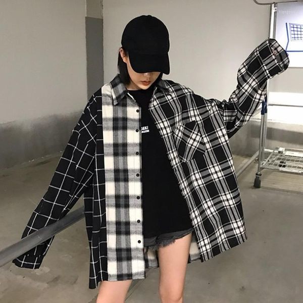 Blouses femininas camisas xadrez mulheres vintage harajuku namorado estilo streetwear moda coreana manga longa botão up black top preto