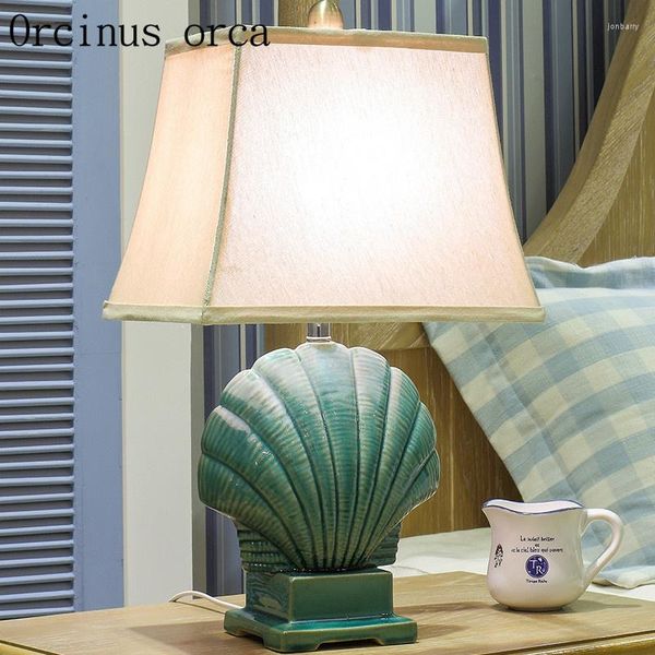 Lâmpadas de mesa Mediterrânea Blue Ceramic Lamp Room Quarto Modern Garden simples Casca criativa criativa