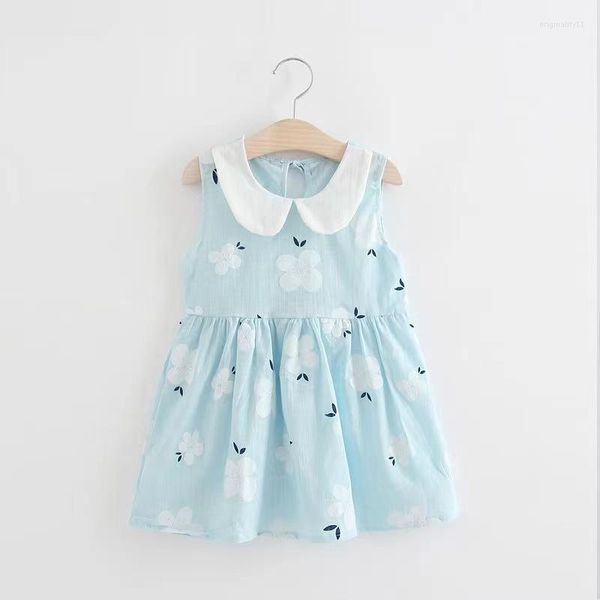 Vestidos de menina 2023 linho de algodão garotas vestido de verão colarinho de colarinho infantil crianças sem mangas princesas florais roupas de bebê azul amarelo
