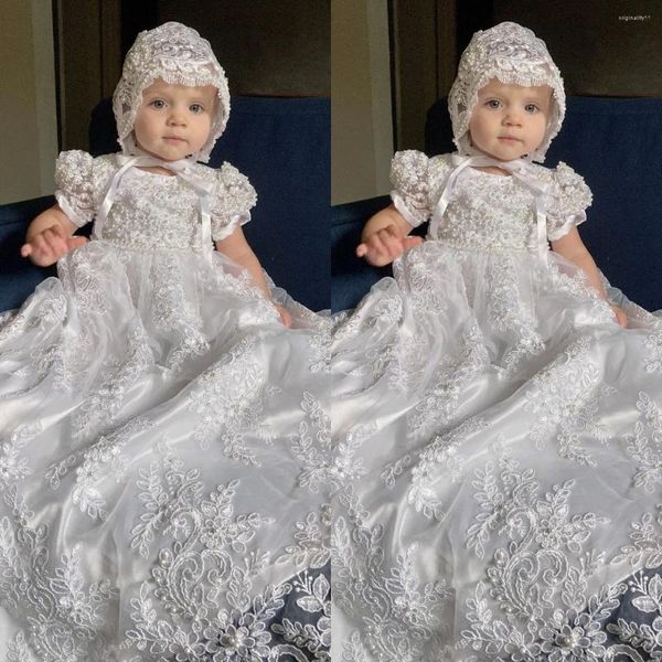 Платья для девочек, кружевные платья для крещения для ребенка, платье с короткими рукавами для первого причастия, платье для крещения маленьких девочек с чепчиком