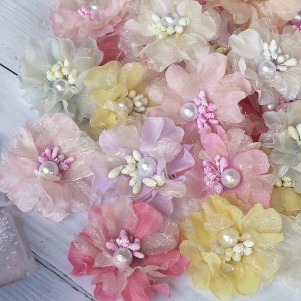 Dekoratif Çiçekler 10 PCS/Lot 7cm 3d CareSed Organza Şifon Kumaş Yapay Sahte Çiçek Kafası Gelinlik Şapkaları Kafa Bandı Broş Diy ev