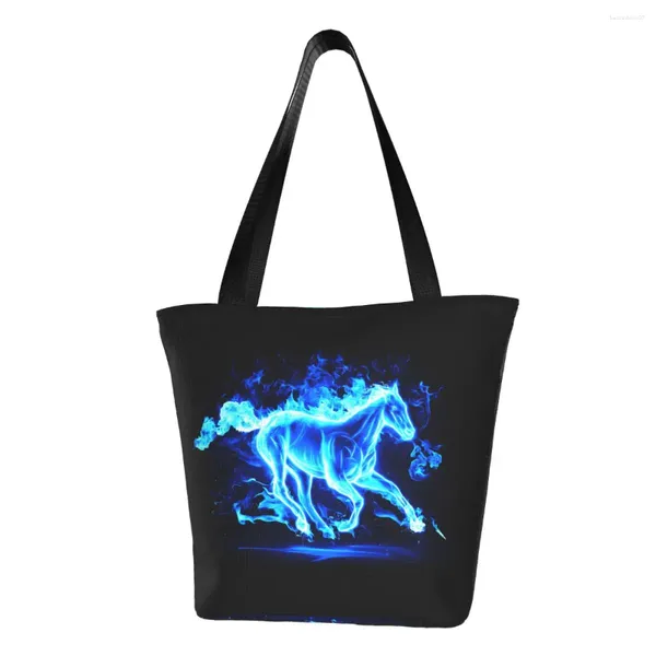 Borse per la spesa Borsa riutilizzabile per cavalli di fuoco blu Borsa a spalla in tela da donna Borsa a tracolla lavabile con animali astratti