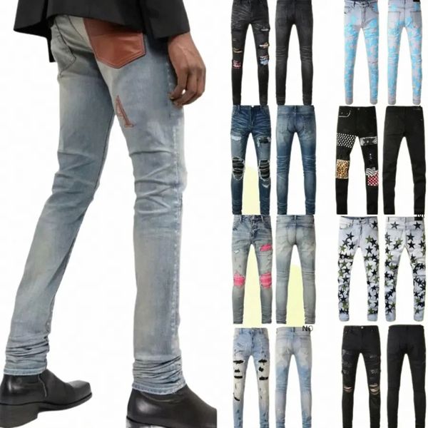 jeans viola jeans firmati jeans da uomo jeans skinny al ginocchio taglia 28-40 moto trendy lungo buco dritto High Street denim all'ingrosso 2 pezzi 1 E6ET #