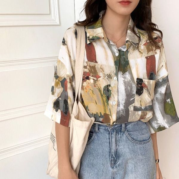 EBAIHUI Frauen Vintage Bluse Schöne ChicClothing Dame Ölgemälde Druck Shirt Koreanische Streetwear Kurzarm Shirts für Mädchen