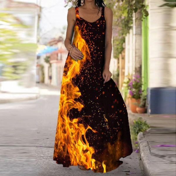 Vestidos casuais 40# vestido de impressão de fogo mulheres glitter maxi sexy sexy colorido tanque sem mangas vintage manto femme femme