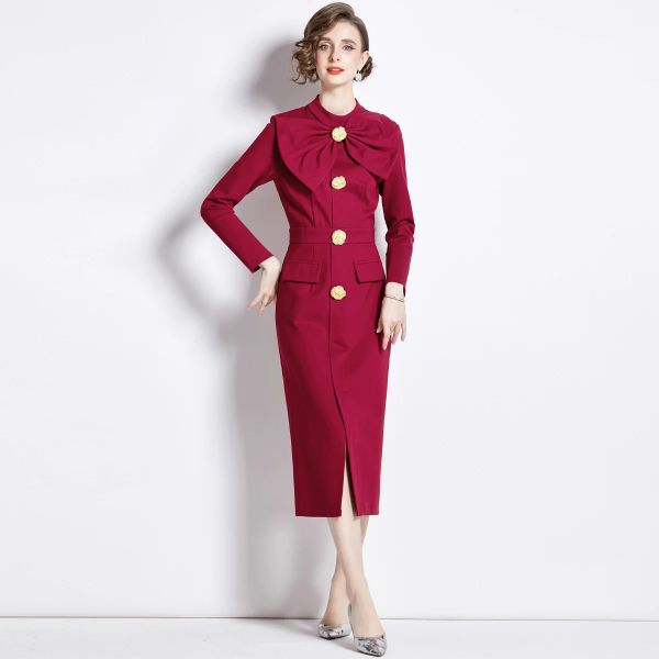 Abiti da donna casual di base Office Lady Mid Dress Autunno Colletto alla coreana da donna Bottoni bowknot Deco fessura Abiti aderenti Abiti formali di Natale Robe 2024