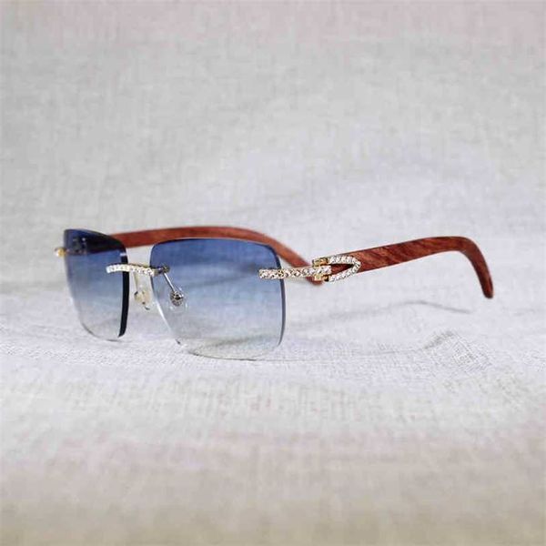 2023 óculos de grife novos vintage Rhinestone Rimless Sunglasses Men Natural Buffalo Horn Peacock Wood Square Glasses Women para tons ao ar livre