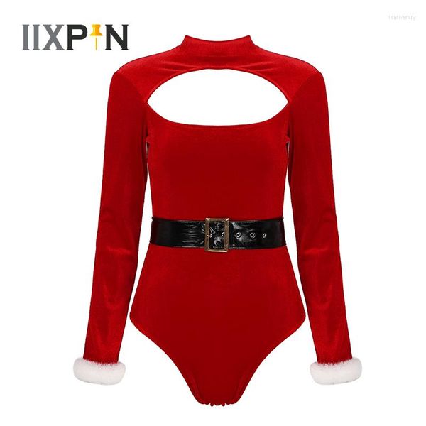 Abbigliamento da palcoscenico Body da balletto da donna Body rosso a maniche lunghe Ginnastica Body da danza con cintura per Natale Babbo Natale Cosplay Party Dress Up