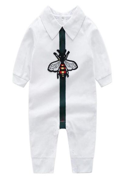 Design bebê recém-nascido menino menina macacão pequena abelha branco azul escuro macacões de algodão lapelas manga comprida infantil roupas da criança 5930814