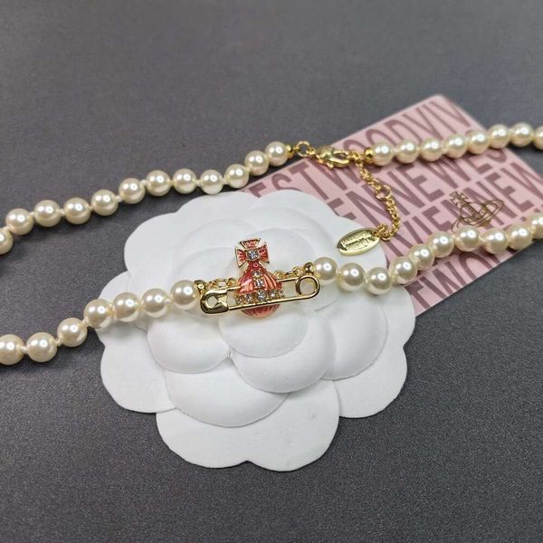 Viviane Colar Designer Viviennes Westwoods Luxo Hip Hop Jewlery Pins Saturn Lacquered Pearl Colar Personalizado Clássico Clipes de Papel Planet Pearl Chain