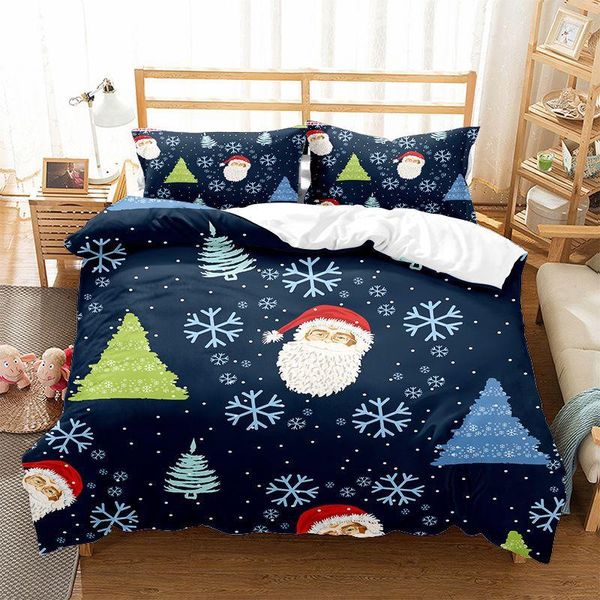 Set di biancheria da letto Piumino stampato Set di covet per Buon Natale Albero 3D Fiocchi di neve Babbo Natale Letto matrimoniale Copripiumino Federe