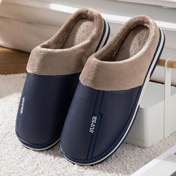 Тапочки, осенне-зимние мужские хлопковые туфли из искусственной кожи, непромокаемые домашние тапочки на толстой подошве, теплые размеры, большой размер 47-50