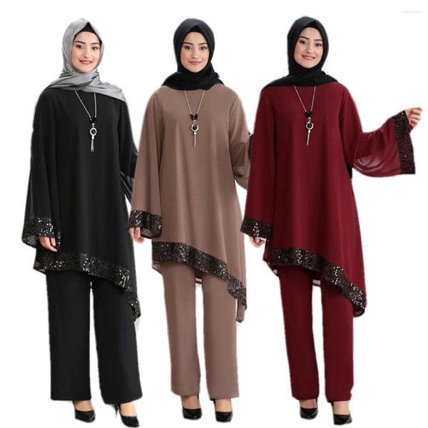 Roupas étnicas de verão muçulmano de outono de outono feminino de mangas compridas calças de top set ates de chiffon maça de manga islâmica árabe