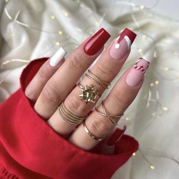 Unghie finte modello natalizio testa di bara lunga finta punte rosse per unghie indossabili copertura completa stampa su regali per ragazze 2023 anni