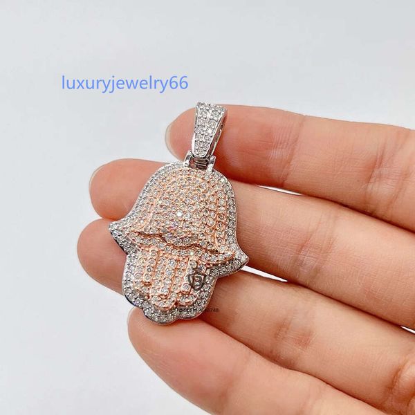 Moda Beyaz Altın ve Gül Altın Çıkarma 925 VVS D Moissanite Diamond Hamsa Özel Hiphop Takı Kolye