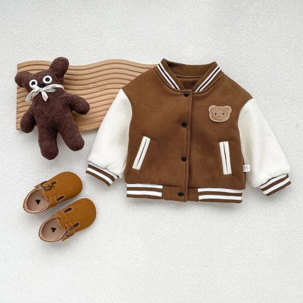 Куртки 7943 Детское пальто 2023 Осень и зима Бархатный кардиган с рисунком медведя для мальчиков Повседневная бейсбольная форма
